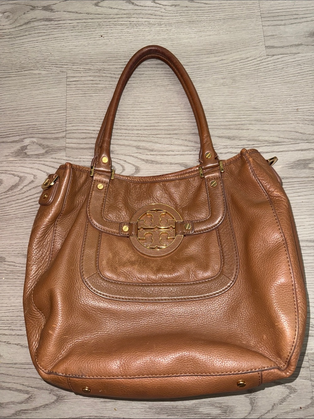 Tory Burch Cognac Pebbled Leather Shoulder Tote with Logo Medallion